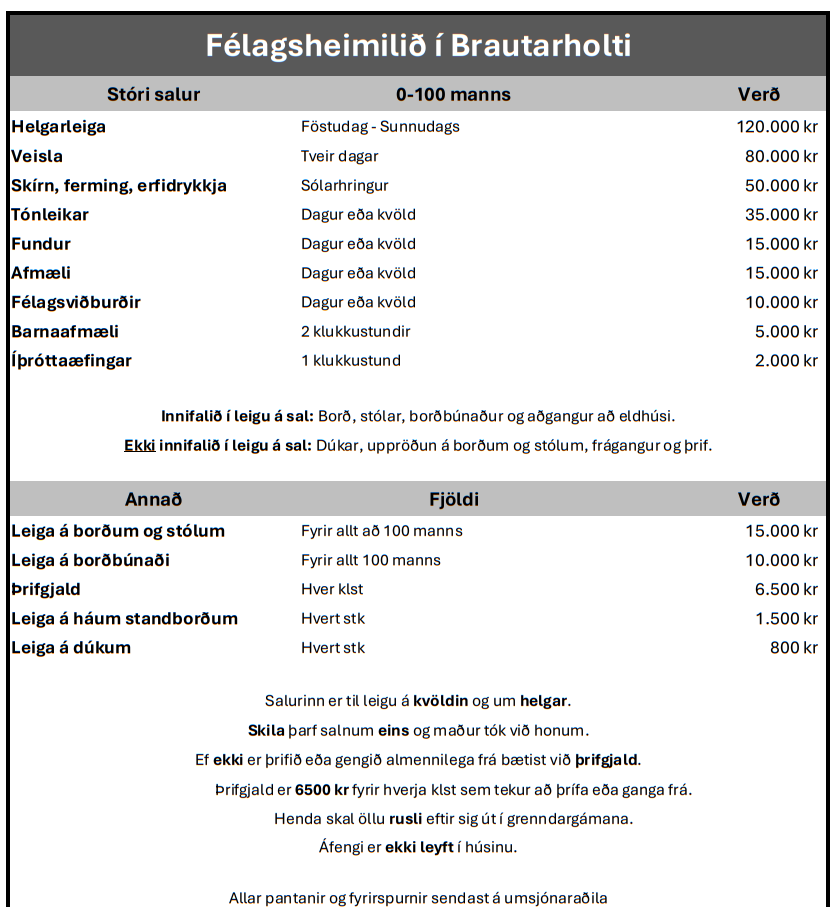 Verðskrá félagsheimilið Brautarholti