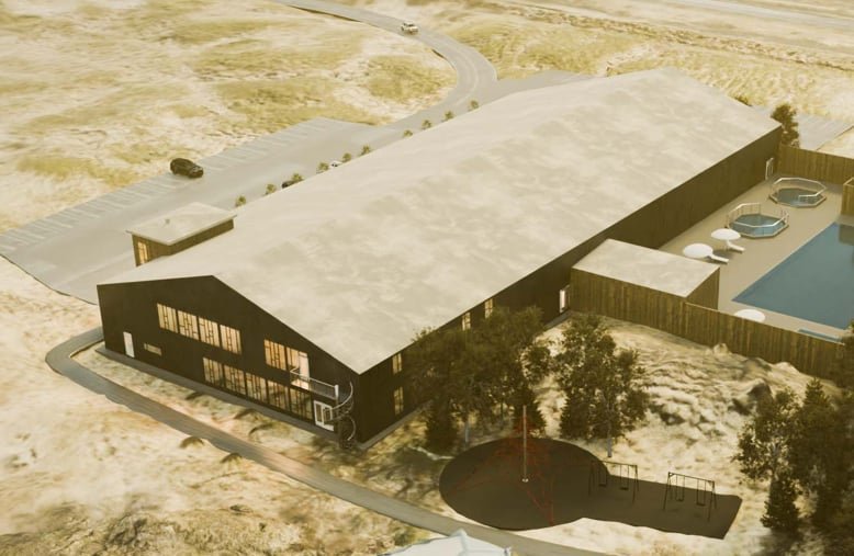 Tölvuteiknuð mynd af íþróttahúsinu í Árnesi