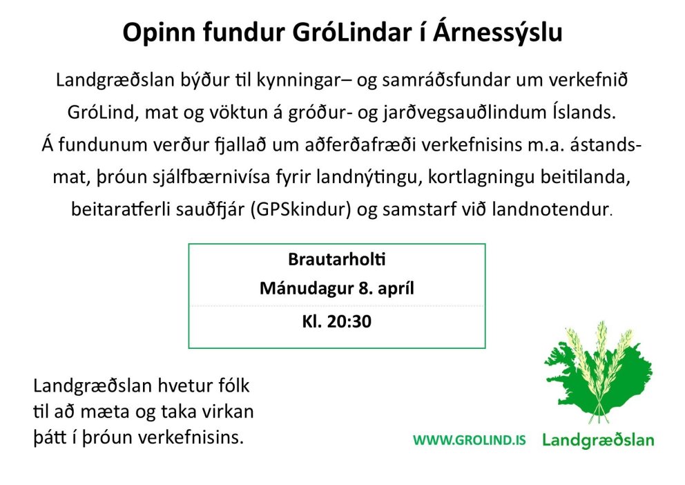Opinn fundur  GróLindar  í Árnessýslu 8. apríl kl. 20:30