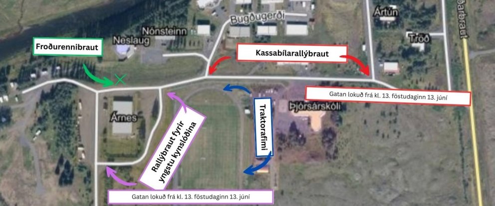 Kort af helstu lokunum og viðburðum í Árnesi laugardaginn 14.júní