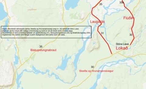 Lokun Skeiða- og Hrunamannavegar við Stóru Laxá vegna vatnavaxta