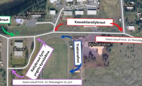 Kort af helstu lokunum og viðburðum í Árnesi laugardaginn 14.júní
